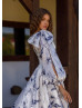 One Shoulder Blue Printed Organza Slit Wedding Dress